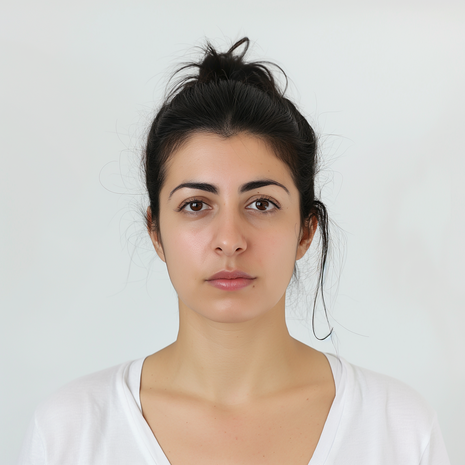Woman with dark hair in a bun looking at the camera